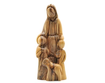 Olive Wood Jesus with Children Statue: Handmade Holy Land Decor