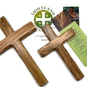 hand carved olive wood cross from bethlehem the holy land with an authentication card and a lords prayer card
