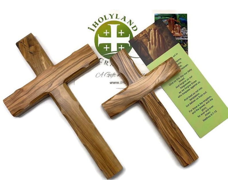 hand carved olive wood cross from bethlehem the holy land with an authentication card and a lords prayer card