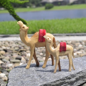 Olive Wood Camel Statue with Red embroidery Saddle Carved in the Holy Land, Wooden Camel Figurine , Wooden Nativity Animals