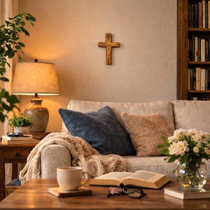 May include: A cozy living room scene with a wooden cross on the wall. A beige sofa is adorned with blue and tan pillows and a soft throw. A lamp, coffee table, and open book complete the inviting space. A vase of flowers adds a touch of freshness.