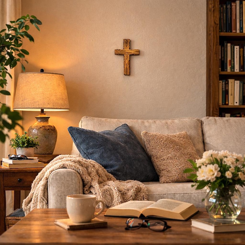 May include: A cozy living room scene with a wooden cross on the wall. A beige sofa is adorned with blue and tan pillows and a soft throw. A lamp, coffee table, and open book complete the inviting space. A vase of flowers adds a touch of freshness.