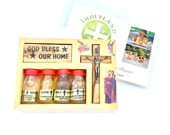 Holy Land Relics Box: Olive Wood Cross , Holy Water, Earth & Incense , Catholic Gifts