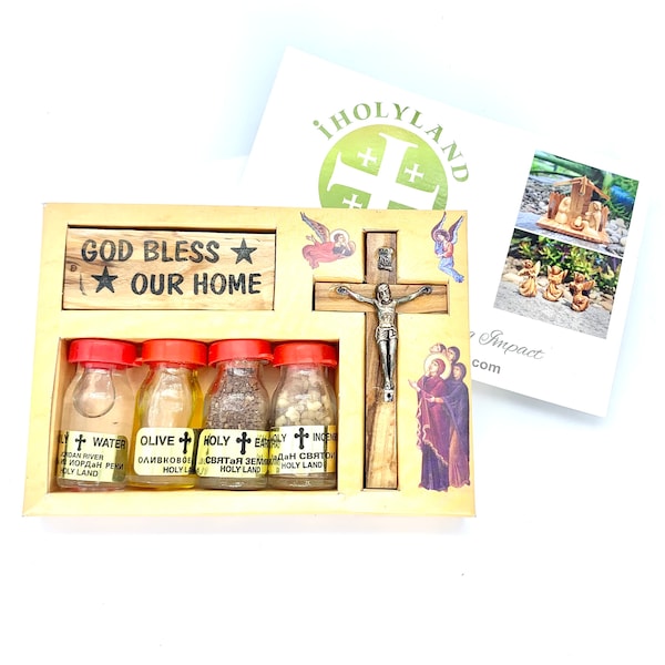 Holy Land Relics Box , Holy Water-Earth-Incense-Oil & Olive Wood cross From the Holy Land Religious Gifts