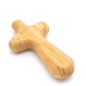 Olive Wood Comfort Cross , Child Prayer Palm Cross , Hand Carved in the Holy Land 4&quot; Cross , Hand Held Cross, Cross Gift for Kids and Adults