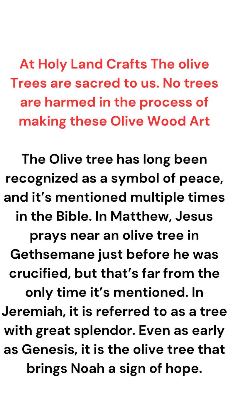 May include: A white informational sign with black text and a red header. The text reads: At Holy Land Crafts The olive Trees are sacred to us. No trees are harmed in the process of making these Olive Wood Art. The Olive tree has long been recognized as a symbol of peace, and it's mentioned multiple times in the Bible. In Matthew, Jesus prays near an olive tree in Gethsemane just before he was crucified, but that's far from the only time it's mentioned. In Jeremiah, it is referred to as a tree with great splendor. Even as early as Genesis, it is the olive tree that brings Noah a sign of hope.