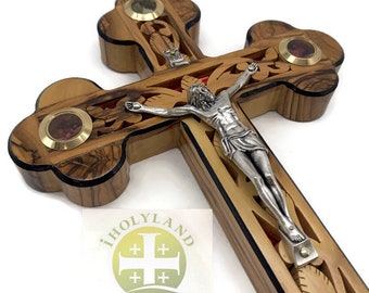 Crucifix for Wall , Mother of Pearl Cross , Olive Wood Cross with Relics , Wooden Cross Wall Decor , Catholic Cross Gift for Wedding