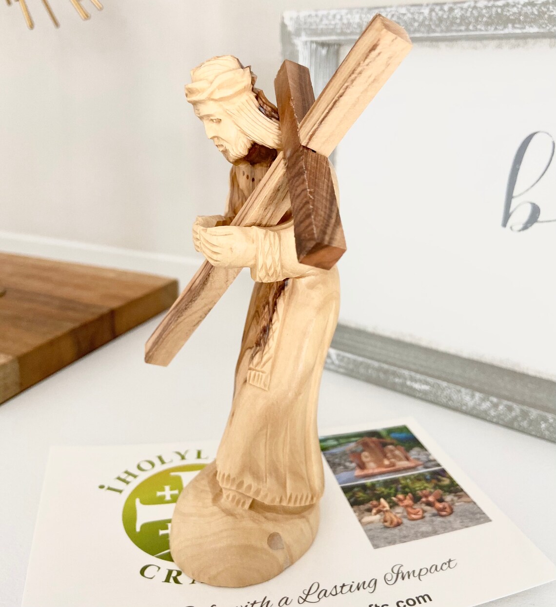 Wooden Jesus Statue Jesus Carrying Cross Statue Hand Carved Etsy