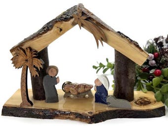 Handmade Olive Wood Nativity Scene , Rustic Christmas Set Decor