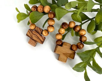 Anillo de rosario de madera de olivo con cruz: rosario de bolsillo hecho a mano