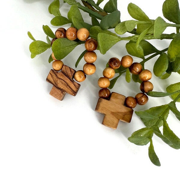 Wooden Rosary with Cross , Olive Wood Finger Rosary Ring Beads Handmade in the Holy Land , Rosary Baptism Favors , Pocket Rosary