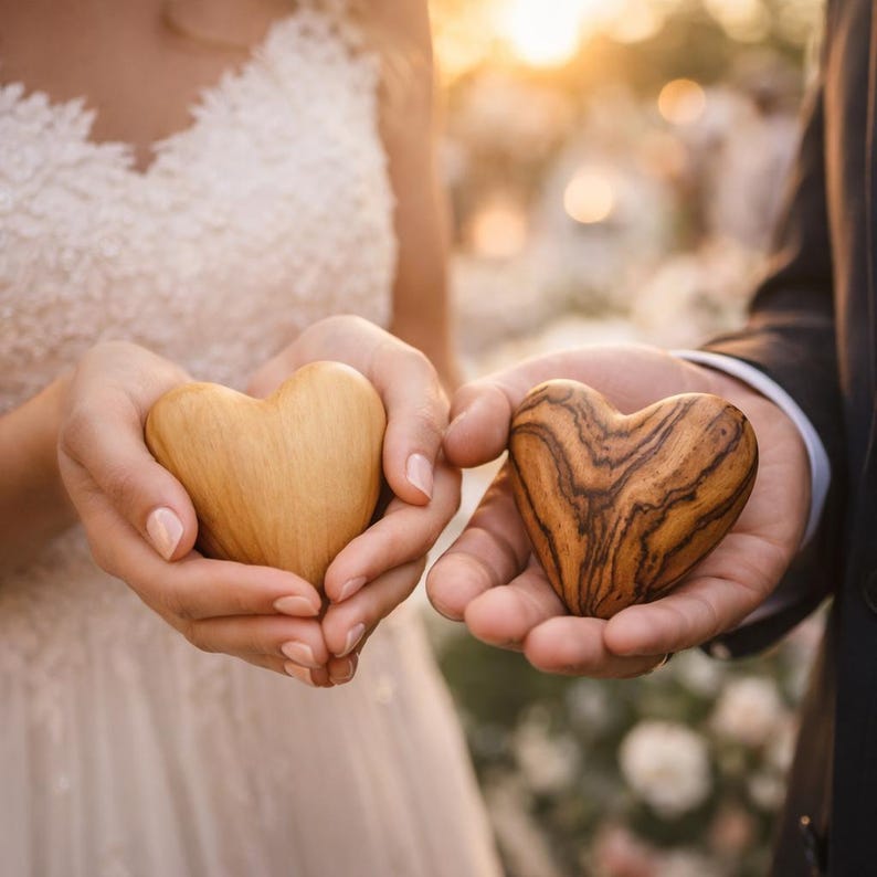 May include: Two smooth, hand-held wooden heart sculptures. One heart features a light, uniform tan wood grain, while the other displays a darker, intricate, and swirling brown wood grain pattern. Both objects are shaped into rounded hearts.