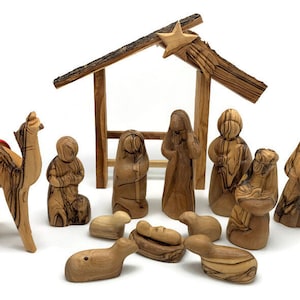 Handmade Olive Wood Nativity Set with Stable - Wooden Nativity Scene Figures - Nativity Christmas Decorations - Christian Gifts