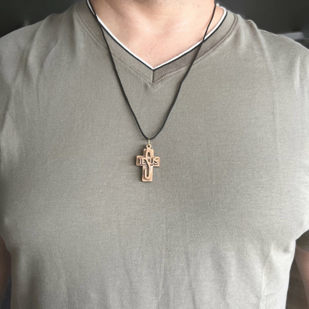 Olive Wood Cross Necklace With Jesus Name, Wooden Cross Necklace