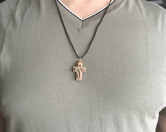 Olive Wood Cross Necklace, Jesus Name, Holy Land Gift