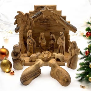 Wooden Nativity Set ,Hand carved Olive Wood Nativity Scene from Holy Land, Christmas Tree Decoration, Rustic Manger Scene Wood Nativity Gift
