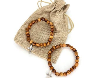 Olive Wood Bead Bracelet with Cross Charm: Holy Land Gift