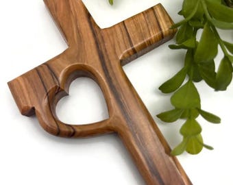 Olive Wood Cross with Heart: Confirmation Gift, Wall Decor (5.5" x 4")