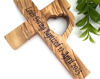 Engraved Wooden Cross , Olive Wood Cross with Heart , Custom Baptism Confirmation Gift