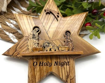 Olive Wood Nativity Star Christmas Tree Topper: O Holy Night Ornament