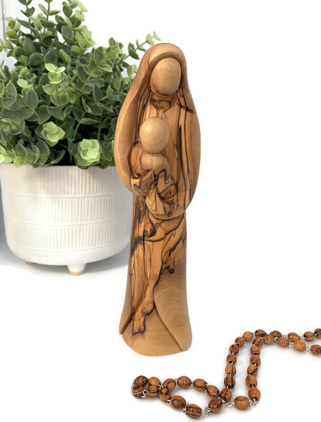 Olive Wood Mother Mary and Baby Jesus Statue – Hand Carved Catholic ...