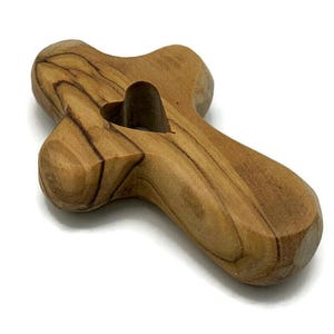 Mini Palm Praying cross | Prayer Olive Wood Cross from the Holy Land | Customized Holding Pocket Cross with Hart Carved in the middle