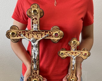 Large Crucifix for Wall , Catholic Wedding Crucifix with Olive Wood Cross and Relics , Mother of Pearl Cross , Wooden Crucifix Cross Décor