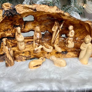 Large Nativity Set , Hand Carved Nativity Scene in an Olive Tree Branch, Olive Wood Nativity Christmas Decorations , Wooden Manger Scene