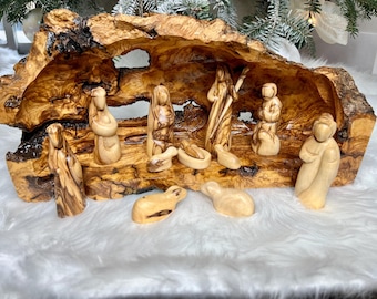 Large Nativity Set Hand Carved Nativity Scene in an Olive Tree Branch, Olive Wood Nativity Christmas Decorations , Wooden Manger Scene
