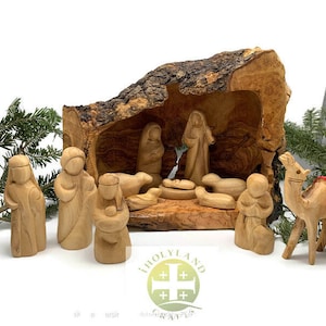 Large Nativity Set Christmas Decoration, Nativity Scene Set Carved inside an olive tree branch, Wooden Nativity Manger Scene