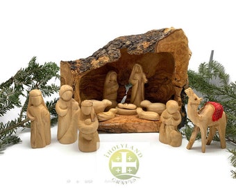 Large Nativity Set Christmas Decoration, Nativity Scene Set Carved inside an olive tree branch, Wooden Nativity Manger Scene