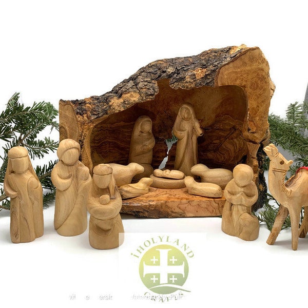 Large Nativity Set Christmas Decoration, Nativity Scene Set Carved inside an olive tree branch, Wooden Nativity Manger Scene