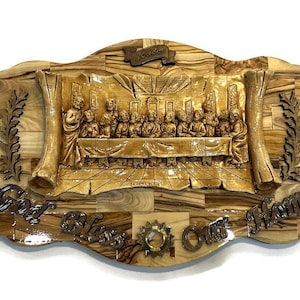 Das letzte Abendmahl aus Olivenholz, Holzschnitzerei, Wandkunst, katholische Wohnkultur aus dem Heiligen Land, religiöse Housewarminggeschenke, Haussegengeschenk