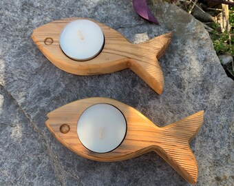 Handmade Olive Wood Fish Candle Holder Set - Holy Land Decor