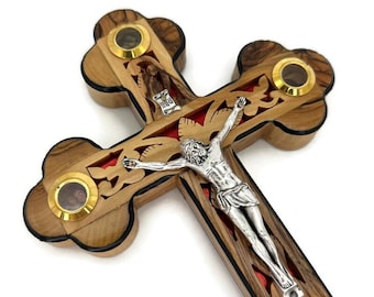 Wall Crucifix , Mother of Pearl Cross, Olive Wood Cross with Relics, Wooden Cross Decor , Catholic Cross Gift for Wedding, Catholic Crucifix