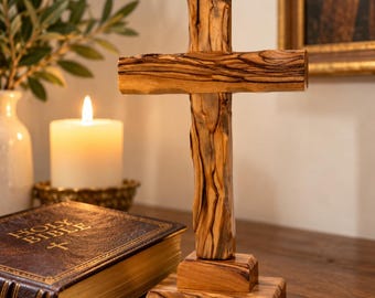 Olive Wood Standing Cross, 8 Inch Handcrafted Bethlehem Holy Land Christian Cross