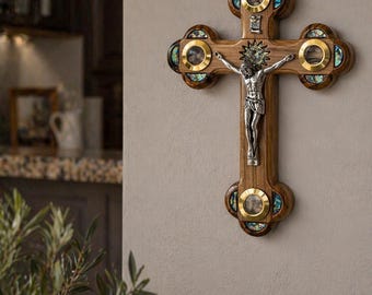Olive Wood Crucifix with Mother of Pearl, Holy Land Relics Wall Cross