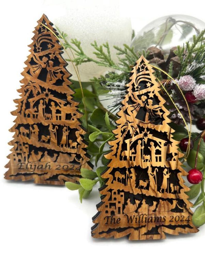 Personalized Nativity Ornament , Olive Wood Nativity Scene Ornament for