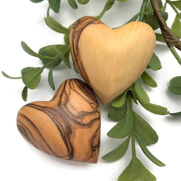 Olive Wood Hearts , Wooden Hearts , 3D Heart Shape Hand Carved in the Holy Land , Valentine day gift for him her Husband Wife Wedding Favors