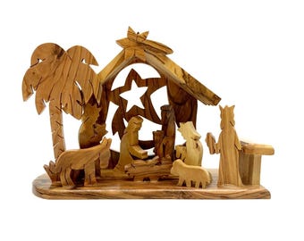 Hand Carved Olive Wood Nativity Set with Stable, Christmas Decor