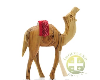 Olive Wood Camel Statue with Red embroidery Saddle Carved in the Holy Land, Wooden Camel Figurine , Wooden Nativity Animals