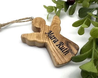 Personalized Olive Wood Angel Ornament, Custom Keepsake Gift