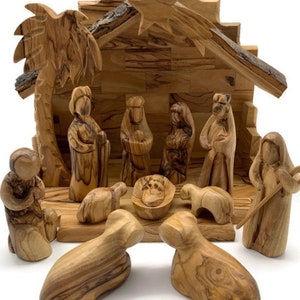 Wooden Nativity Set , Hand carved Olive Wood Nativity Scene from Holy Land, Christmas Tree Decoration , Rustic Manger Scene Wood