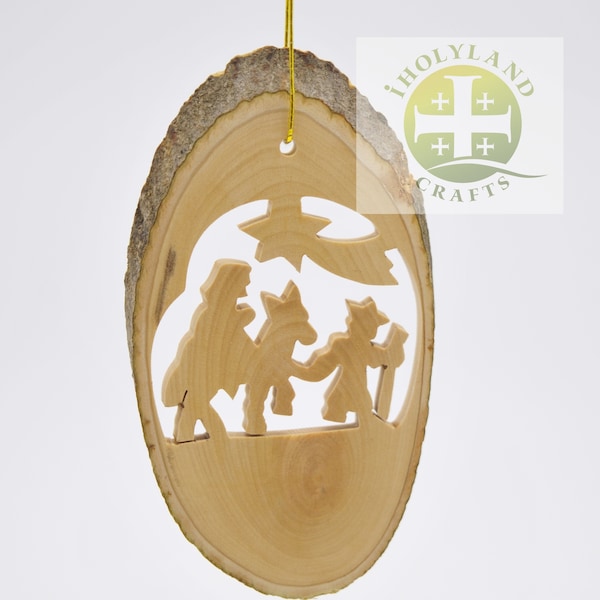 Hand Carved Olive wood Christmas Tree Ornament. Made in Bethlehem in the Holy Land by Christian artisans. Holy family traveling to Bethlehem