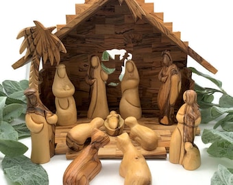 Large Nativity Set Wood, Wooden Manger Stable for nativity Scene, creche Figures, Olive Wood Nativity Scene for Christmas Decoration