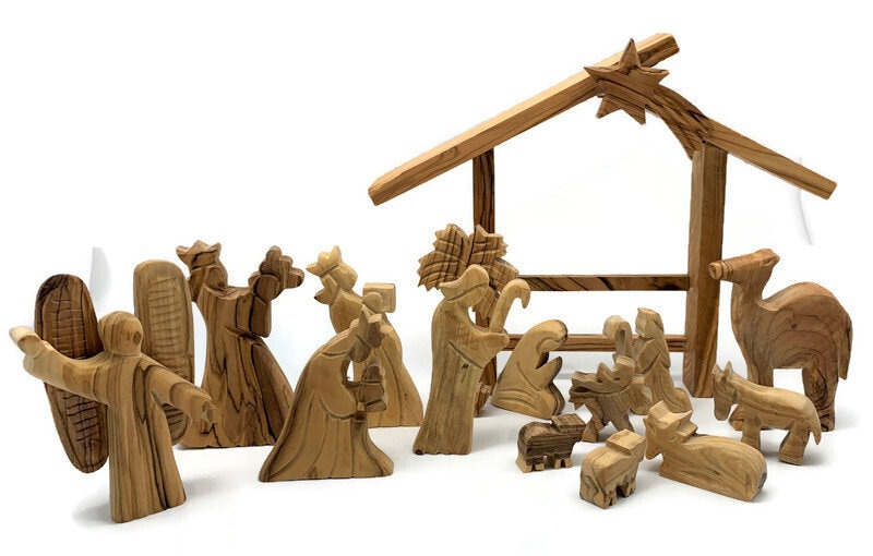 Olive Wood Nativity Set: 14-Piece Holy Land Christmas Decoration