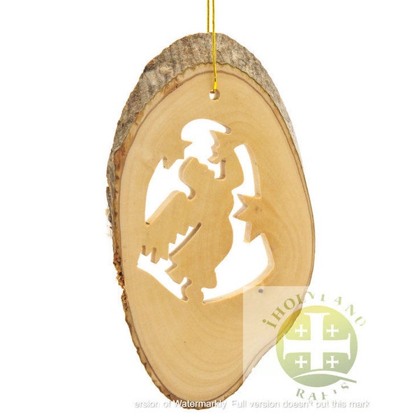 Hand Carved Olive Wood Christmas Tree Ornament, a beautiful Angel with Trumpet carved inside, Made by Christian artisans in the Holy Land.