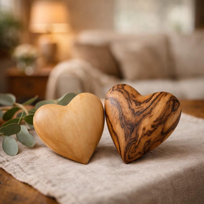 May include: Two smooth, heart-shaped wooden objects. One heart is crafted from light-toned wood with a uniform grain, while the other features a darker, prominent wood grain pattern with swirling brown and tan streaks. A sprig of eucalyptus sits nearby.