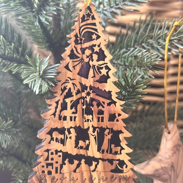 Nativity Scene Ornament Carved into a Christmas Tree shape, Christmas Nativity Ornament for Christmas Tree Decoration , Olive Wood Gifts