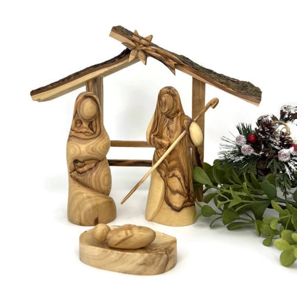 Olive Wood Nativity Set with Stable, Rustic Nativity Christmas Decoration, Wooden Nativity Set Handmade, Christmas Gift for Her